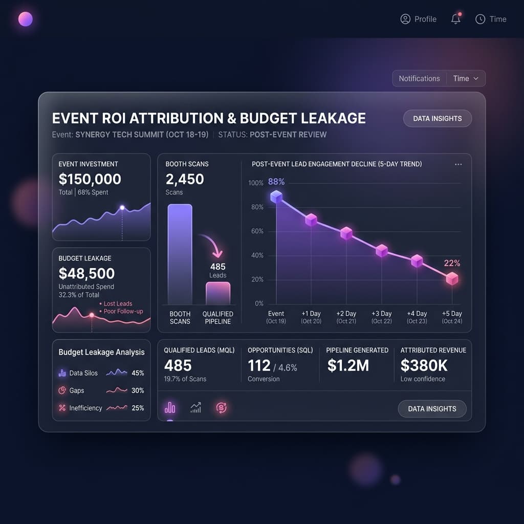 Wyzard Event ROI attribution and budget leakage analysis showing post-event lead engagement decline