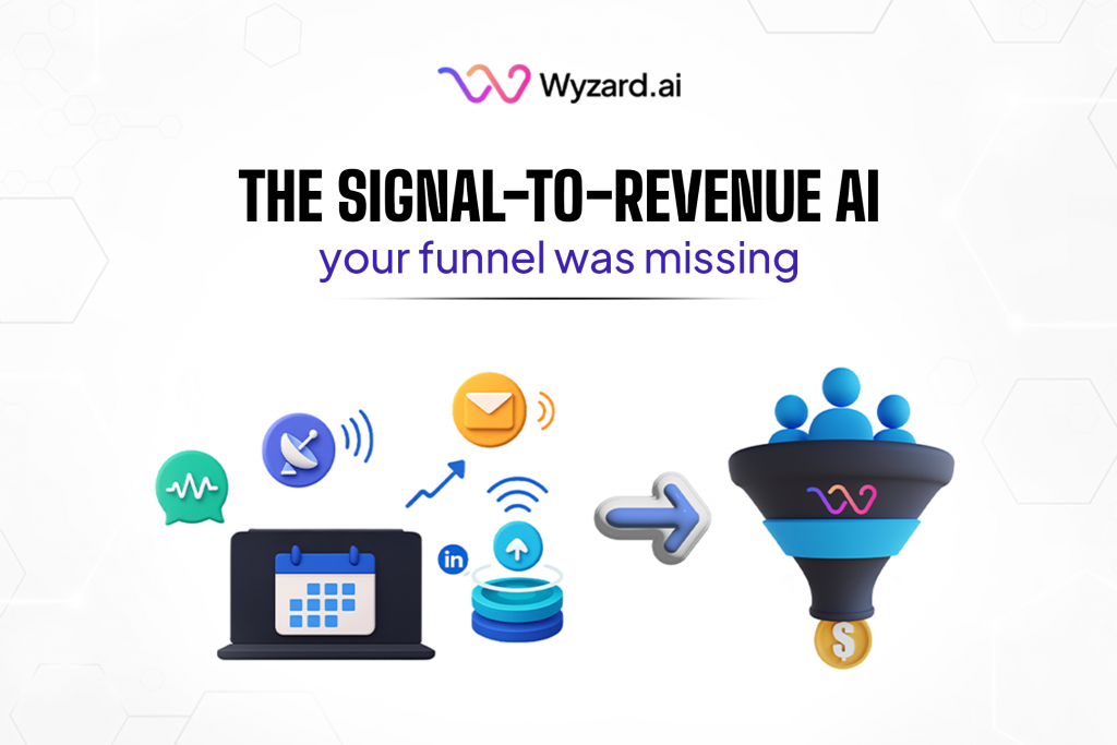 Agentic AI for GTM framework visual showing Wyzard.ai, the Signal-to-Revenue AI, orchestrating signals across chat, email, LinkedIn, voice, events, PPC, and webinars.