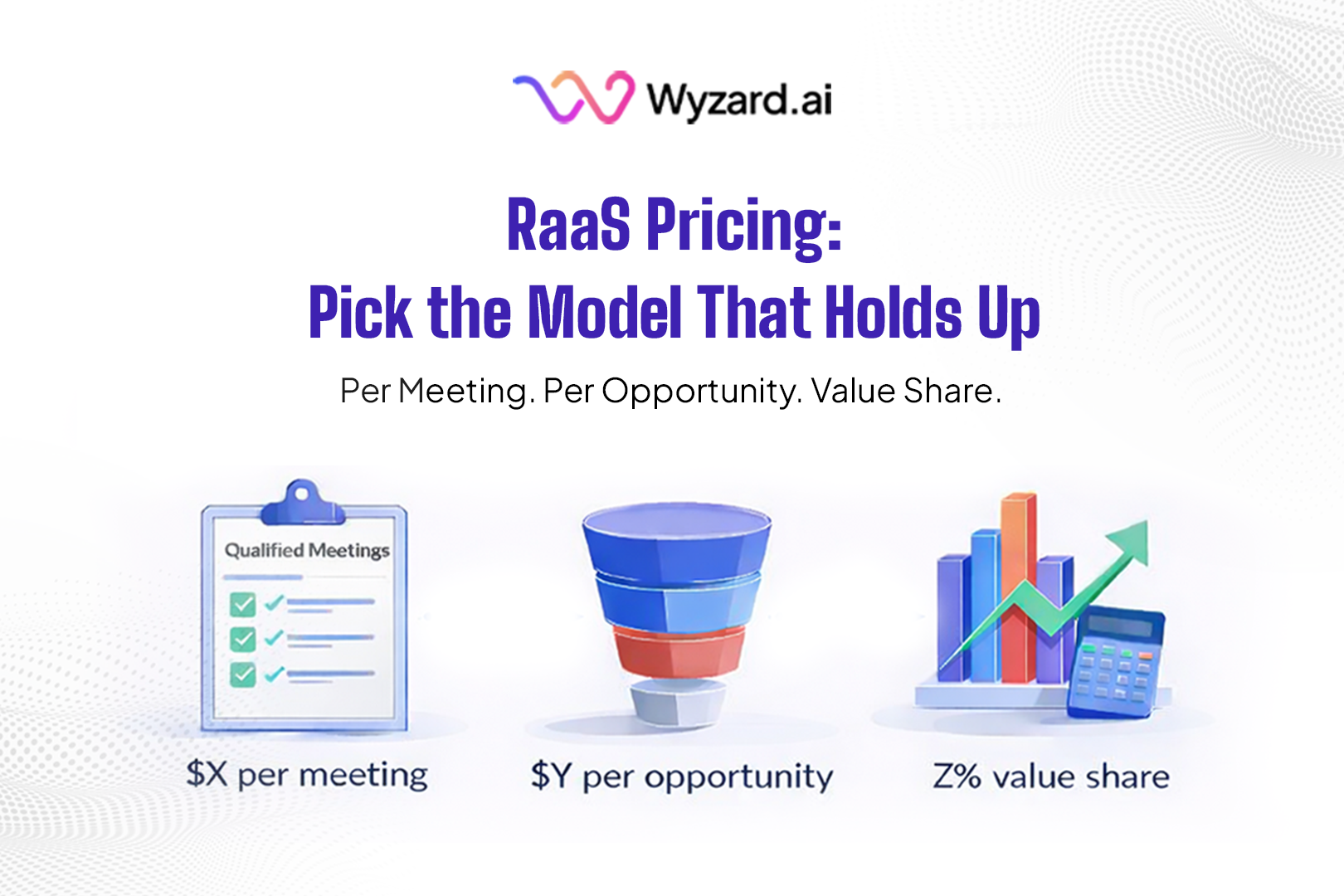 Results as a Service (RaaS) pricing models for GTM showing per meeting, per opportunity, and value share with counting rules and measurement framework