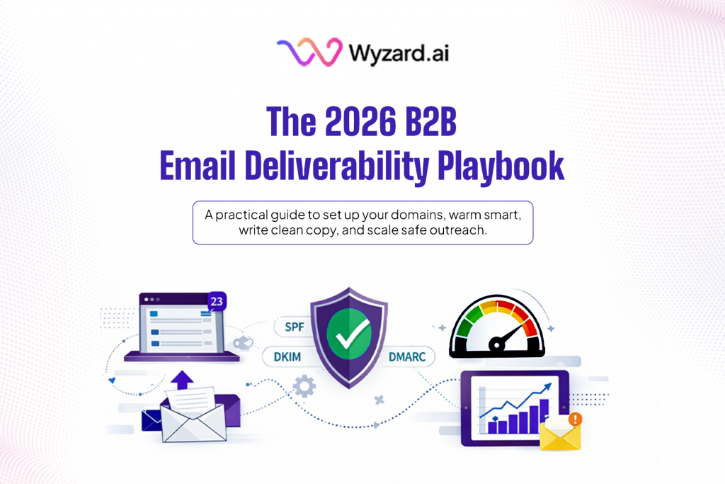 Cover image for the 2026 B2B Email Deliverability & Marketing Playbook with inbox, SPF/DKIM/DMARC shield, and deliverability meter.
