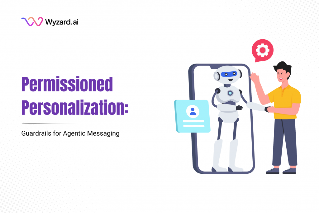 Permissioned personalization framework showing Agentic AI with HITL guardrails controlling compliant messaging across email, LinkedIn, events, webinars, and web interactions