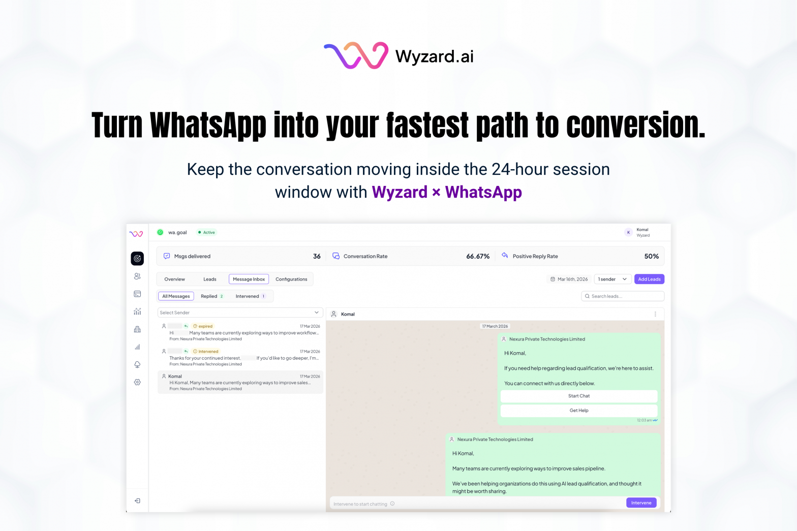 Wyzard × WhatsApp product screenshot showing template-based outreach and a 24-hour session conversation flow